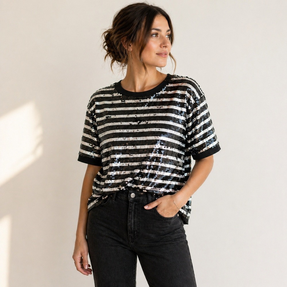 J.Crew Sequin Striped Top Women Large Black White Short Sleeve Boxy Party Shirt